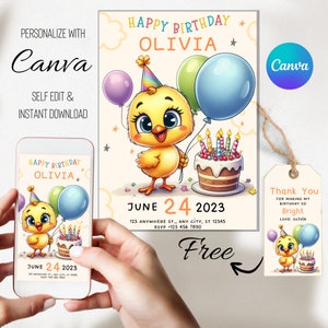 Plantilla de Canva para invitación digital de cumpleaños de pollito amarillo, invitación de cumpleaños de pollito, tarjeta de primer cumpleaños de pollito, fiesta de cumpleaños en el corral