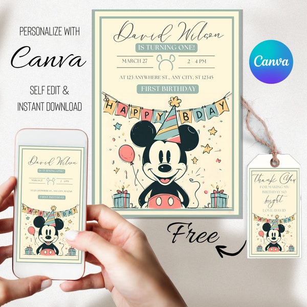 Mickey Mouse Birthday Invitation & Thank You Card Template Set - Editable on Canva, Instant Download - Invite for Kids - Mickey Turning One