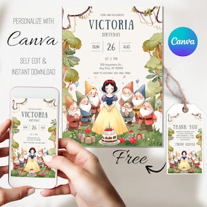 Schneewittchen & Sieben Zwerge Geburtstagseinladung und Dankeskarten Set - Printable 5x7 - Digital 1080x1920 - Canva Template