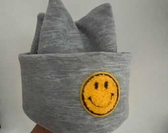 Retro Polar Fleece Beanie: Handmade Snowboard Ski Tuque with Smiley Face