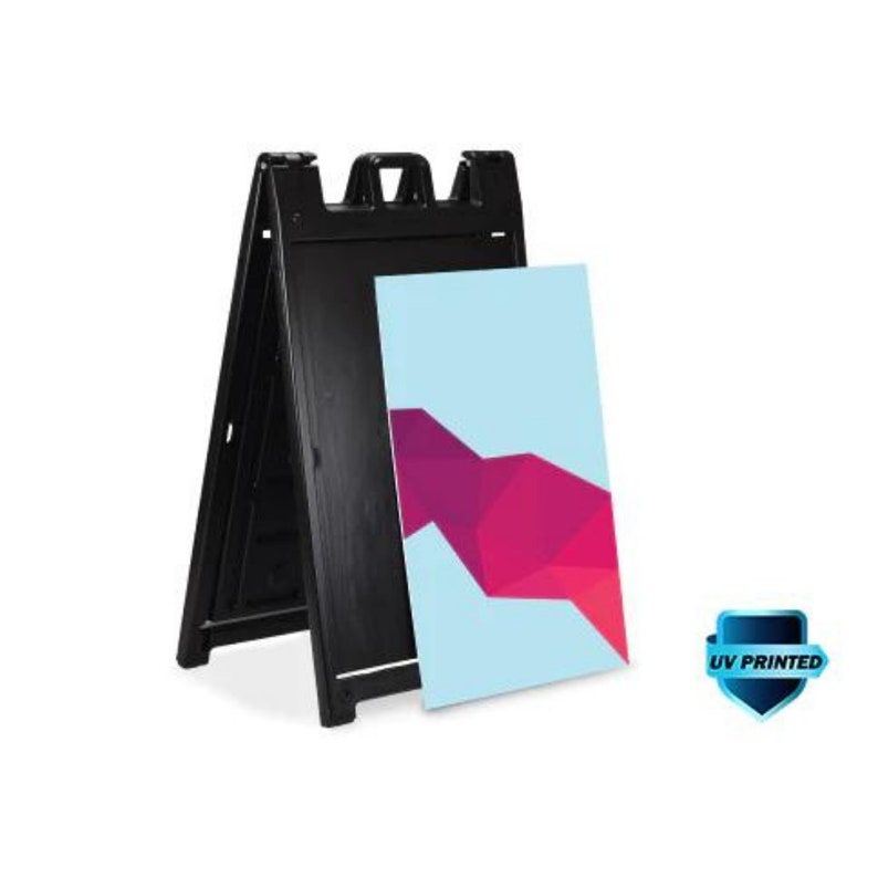 May include: Black A-frame pavement sign with a blank white panel for advertising. The panel has a geometric design with pink and blue colours. The sign is UV printed.
