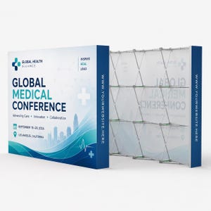 May include: A portable pop-up display stand featuring a white and blue graphic for a Global Medical Conference. The front panel displays the event name, date, location, and the text Inspire Heal Lead. A metal accordion frame is visible on the side.