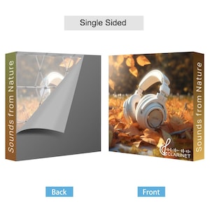 May include: A single-sided pop-up display with a white background and a photo of a white pair of headphones on a bed of autumn leaves. The text "Sounds from Nature" is printed on the side of the display.