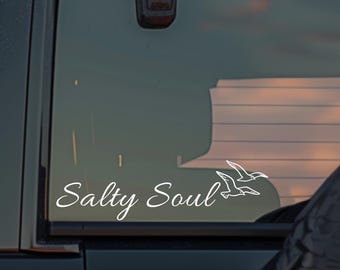 Salty Soul Decal, Minimalist Seagull Beach Sticker, Coastal Vibes Vinyl Car Decal