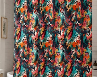 Abstract Shower Curtain, Teal Coral Bathroom Decor, Colorful Funky Shower Curtain, Modern Boho Bath Curtain, Artistic Bathroom Accent