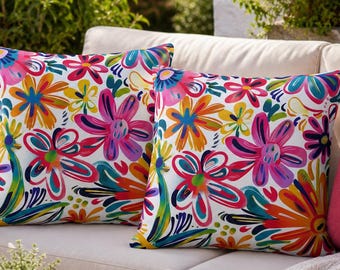 Colorful Floral Outdoor Pillow, Pink Orange Blue Patio Cushion, Bright Garden Porch Decor, Waterproof Throw Pillow, Boho Patio Pillow