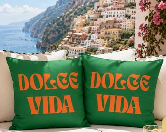 Dolce Vida Dekokissen, Palm Beach Kissen, Italienisches Sommerdekor, Grün Orange Akzentkissen, Küstenkissen