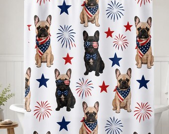 French Bulldog Shower Curtain, Patriotic Dog Bathroom Decor, 4th of July Bathroom, Red White Blue Bath Curtain, Fireworks Dog Lover Gift