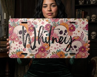 Placa de matrícula retro con calavera personalizada / Placa de coche personalizada con nombre / Placa con estética gótica floral / Regalo de decoración para coche adorable y espeluznante