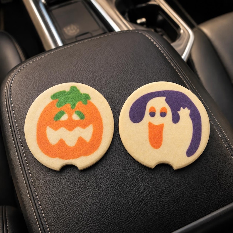 Halloween Sugar Cookie Car Coasters | Nostalgic Halloween Cookie Inspired Coasters, Cute Car Decor Gift, Sandstone