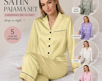 Conjunto de pijama de satén para mujer, color marfil, rosa, verde salvia, lavanda y amarillo. Pijama de seda con botones. Ideal como regalo para damas de honor.