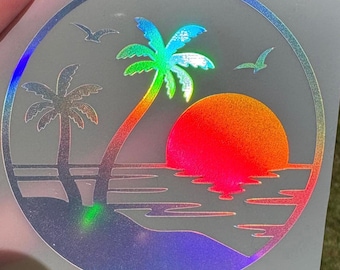 Palm Tree Sunset Decal, Holographic Beach Decal, Tropical Car Window Sticker, Coastal Jeep Decal