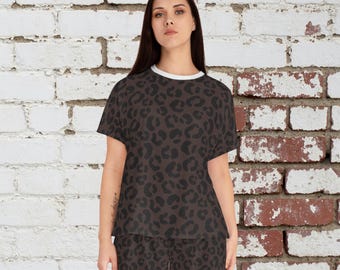 Brown Leopard Pajama Set for Women, Animal Print Short Sleeve PJ Set, Cozy Lounge Set, Cute Sleepwear, Neutral Loungewear Gift