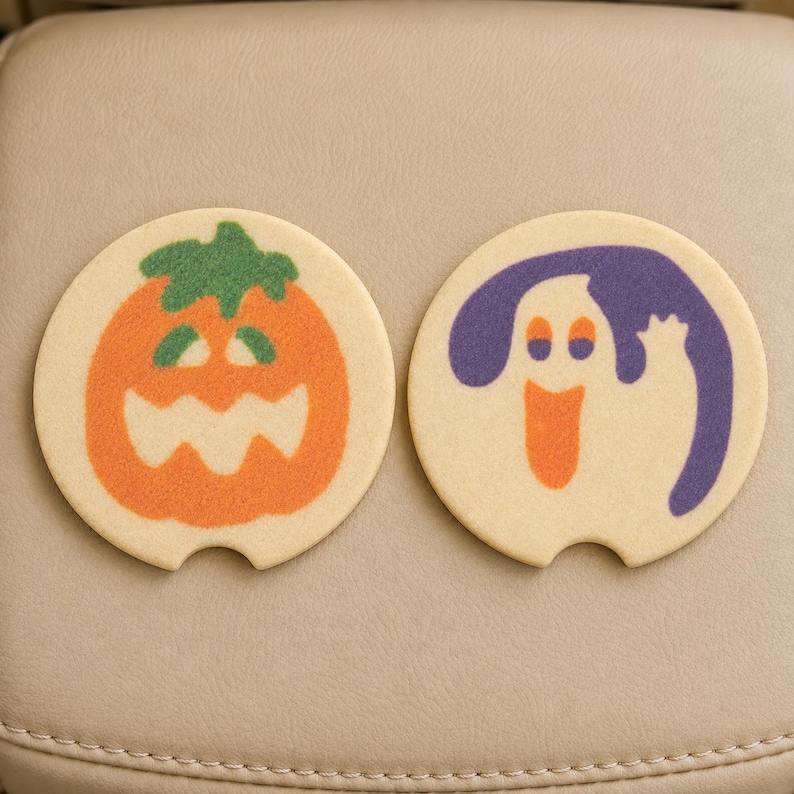 Halloween Sugar Cookie Car Coasters | Nostalgic Halloween Cookie Inspired Coasters, Cute Car Decor Gift, Sandstone