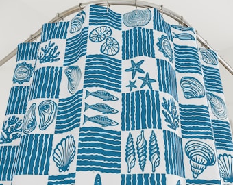 Blue Coastal Shower Curtain, Beach Bathroom Decor, Nautical Bath Curtain, Ocean Seashell Shower Curtain, Coastal Beach House Decor