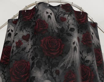 Geist Duschvorhang, Gothic Badezimmer Dekor, dunkle Blumen Duschvorhang, Haunted Ghost Badvorhang, schwarz rote Rose Badezimmer