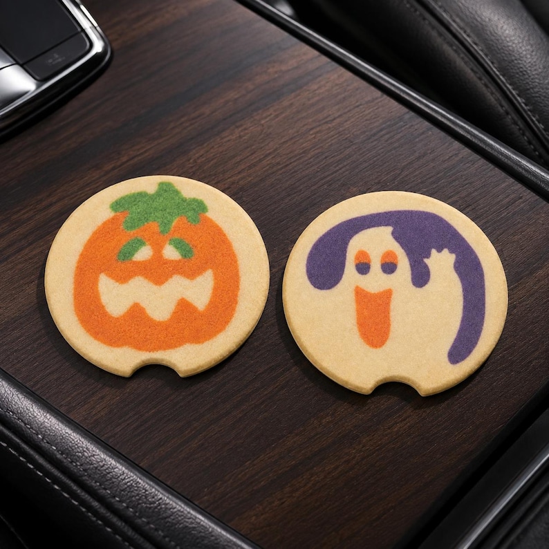 Halloween Sugar Cookie Car Coasters | Nostalgic Halloween Cookie Inspired Coasters, Cute Car Decor Gift, Sandstone