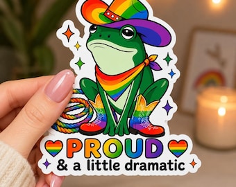 Proud & a Little Dramatic frog kiss-cut sticker | Pride rainbow