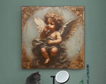 Victoriaanse Cupido canvas print, olieverfschilderij vintage klassieke Cherub engelenvleugels interieur, renaissance barokke stijl kunst aan de muur, kamer decor