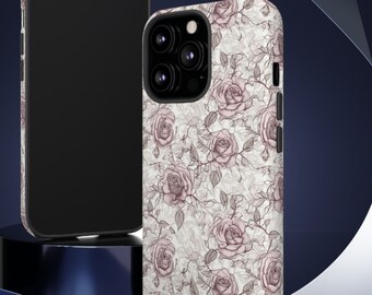 May include: A white phone case with a floral pattern of pink roses and leaves. The case is designed for a smartphone with a triple camera lens.