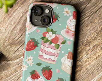 Strawberry Cake Phone Case, Cottagecore Pattern, Glossy or Matte Finish