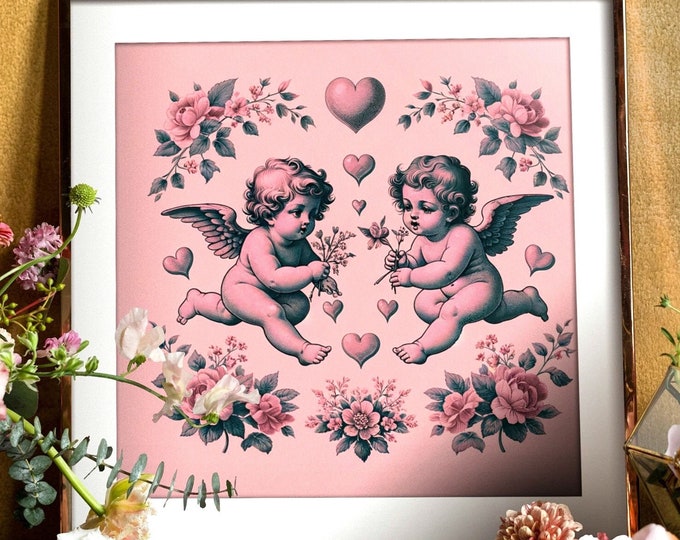 Featured listing image: Vintage Frameless Canvas Print, Victorian Cherubs  Wall Art, Pink Floral Trendy Decor, Cherub Art Romantic Shabby Chic Home Decoration