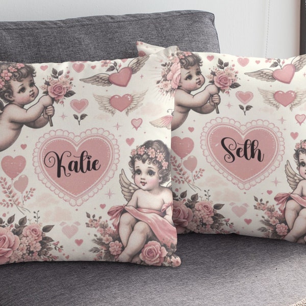 Vintage Cherub Pillow, Custom Valentine's Day Gift, Pink Floral Decorative Throw Pillow, Romantic Shabby Chic Home Decor