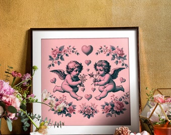 Vintage Frameless Canvas Print, Victorian Cherubs  Wall Art, Pink Floral Trendy Decor, Cherub Art Romantic Shabby Chic Home Decoration