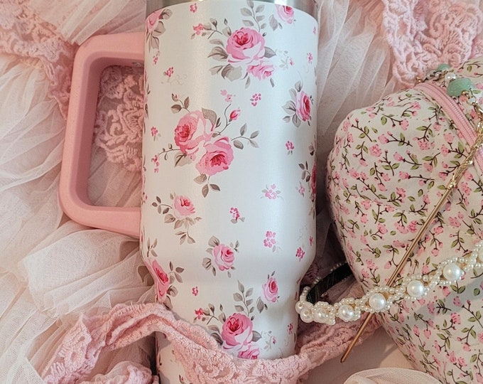Featured listing image: Floral Tumbler Coquette Christmas Tumbler, Cute Travel Mug, 40 oz Tumbler with lid, Cottagecore Drinkware, Christmas Gift for Her