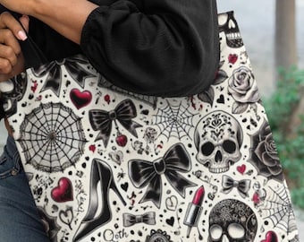 Skulls & Roses Gothic Tote Bag: Dark Coquette Travel Carryall