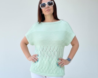 Knitting Pattern – Lace Summer Top with Openwork Shoulders and Wave Motif | PDF Tutorial Language: Russian Ukrainian.