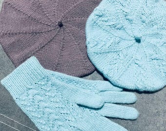 Knitting pattern. Set: beret + gloves. Instant PDF download. Knitting (with knitting needles).