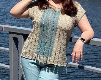 Knitting Pattern for Lace Summer Top with Fringe | Women’s Short Sleeve Sweater | PDF Digital Tutorial