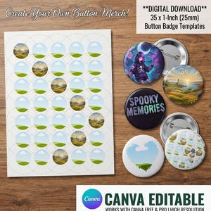Könnte beinhalten: Eine digitale Download-Vorlage für 35 Ansteckbuttons mit einem Durchmesser von 25 mm. Das Blatt enthält kreisförmige Umrisse und Landschaftsbilder. Fertige Button-Beispiele zeigen eine Figur, den Text Spooky Memories und verschiedene Landschaften.