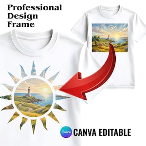 May include: A white t-shirt featuring a sun-shaped graphic frame containing a coastal landscape with a lighthouse, a winding path, and a sunset over the ocean. A large red arrow points toward the design, and the text reads Professional Design Frame.