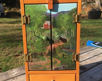 New Hampshire Original Oil Painting Pine Wood Cabinet  Mountain Cabin Rustic Wall Decor