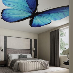 May include: A bedroom with a large blue butterfly on the ceiling. The bed has a gray headboard and a white comforter. There is a window with gray curtains and a nightstand with a lamp.