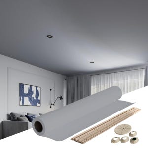 Può includere: Un rotolo di piastrelle per soffitto grigie con un set di pezzi di rivestimento in plastica bianca e un rotolo di strisce di metallo marroni. Le piastrelle per soffitto sono utilizzate per progetti di miglioramento della casa.