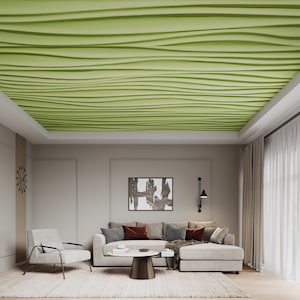 May include: A living room with a distinctive light green, wave-patterned ceiling. The room is furnished with a grey sofa, a white armchair, and a coffee table. The ceiling design provides a textured, modern aesthetic. The room also features abstract art.