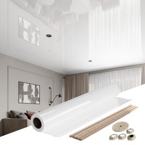 May include: A white stretch ceiling kit with a roll of white ceiling film, wooden trim pieces, and installation hardware. The kit is designed for a DIY installation.