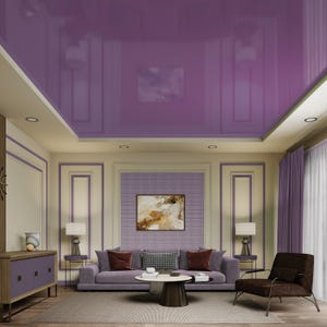 May include: A living room with a purple glossy ceiling, beige walls, and a purple patterned wall. The room features a gray sofa with brown pillows, a coffee table, two lamps, and a brown armchair.