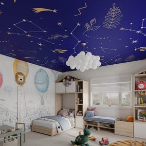 May include: A child's bedroom with a blue ceiling decorated with gold constellations and botanical designs. The room features a bed, built-in shelves, a window with blinds, and a cloud-shaped light fixture. A mural with hot air balloons and a lion is on the wall.