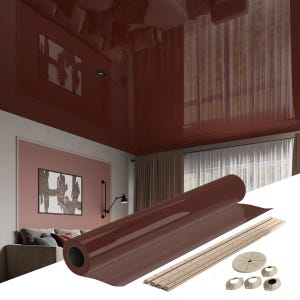 Può includere: Un rotolo di piastrelle per soffitto lucido marrone con un bordo bianco. La piastrella è mostrata con accessori di installazione, tra cui un pezzo di rivestimento circolare, un set di pezzi di rivestimento in plastica bianca e un set di pezzi di rivestimento in legno.