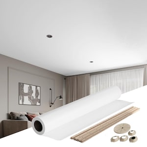 May include: A white ceiling panel kit with a roll of white ceiling panels, wooden support beams, and white plastic mounting brackets.