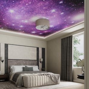 Può includere: Una camera da letto con un soffitto bianco con una stampa a galassia con stelle viola e bianche. Un ventilatore a soffitto bianco con un apparecchio di illuminazione si trova al centro della stanza. Un letto grande con una testiera bianca e un piumino bianco si trova al centro della stanza. Un tappeto grigio si trova sul pavimento.