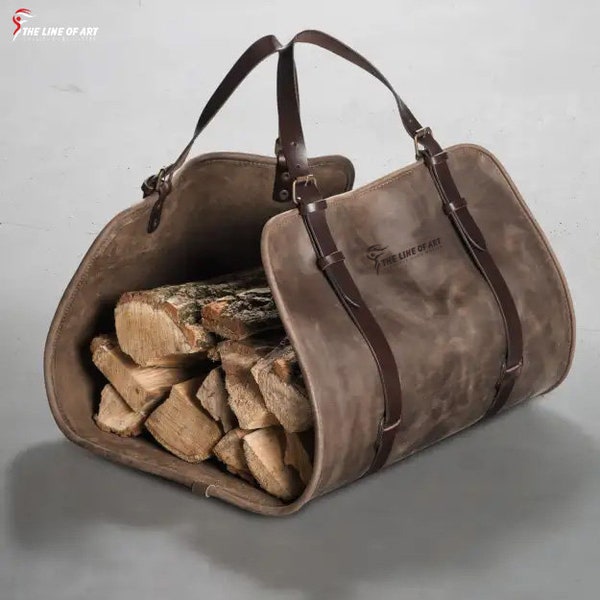 Vintage Firewood carrier bag, Real Cowhide Leather Bag, Firewood storage Bag, Handmade Leather Bag, Best Wooden Carrier Bag