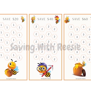 May include: A printable chart with three sections, each featuring a cartoon bee and the text "Save $20", "Save $40", and "Save $60". Each section has a grid of hexagons with numbers 1, 2, or 3 inside, representing different amounts of money saved.