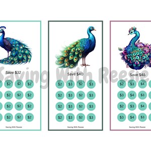 Pode incluir: Três cartões de cor turquesa, verde e roxo com uma ilustração de pavão em cada um. Cada cartão tem uma grade de círculos com quantias em dólares em cada círculo. O texto "Save $32", "Save $40" e "Save $48" está em cada cartão. O texto "Saving With Reese" está na parte inferior de cada cartão.