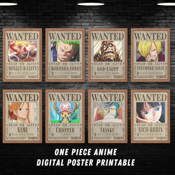Set of 8 One Piece Straw Hat Pirates Art Wanted Poster Designs in 9 Size Ratios | 64 Images Anime Wall Art Print Digital  Poster