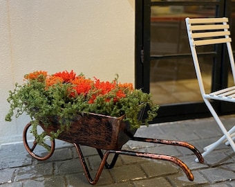 DOLLS HOUSE 1:12 Scale Vintage/Aged Wheelbarrow in Copper, with Pretty Shades of Orange Plants & Foliage